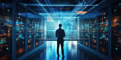 Internet Business, Digital technology, Network and cybersecurity of data center with engineer working in a server room computer, Data analytics, troubleshooting with a programmer