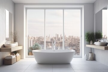Bright bathroom interior with bathtub, empty white poster, and window with a view of the city....