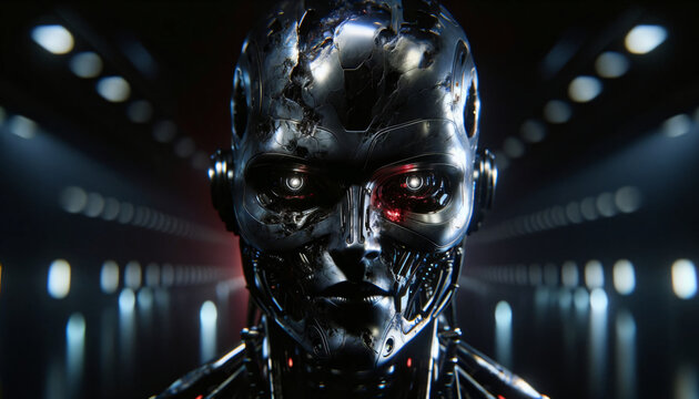 Robot, neo-noir environmental portrait photograph, there's a nightmarish android that captivates and disturbs the viewer. The android is meticulously, Created by using generative AI tools	
