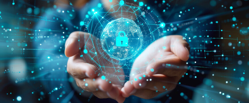 Secure Global Network Connection Held in Hands.
Hands cradling a digital globe with a lock, symbolising secure connections.