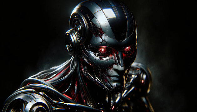 Robot, a neo-noir environmental portrait photograph, there's a nightmarish android that captivates and disturbs the viewer. The android is meticulously, Created by using generative AI tools	

