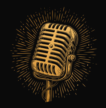 Retro microphone and rays. Recording Mic. Hand drawn vintage vector illustration