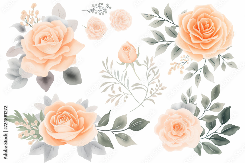 Wall mural set of soft orange pink peony flowers and leaves isolated on a white background. watercolor collecti - Wall murals