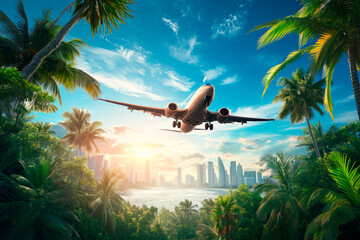 Image generated with AI. A plane arriving at a city between wild jungle and sea
