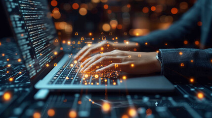 Cyber Security Hologram Projection.
Hands typing on laptop with a glowing holographic cybersecurity interface.