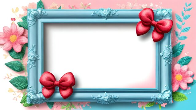Floral blue frame, holiday card with flowers, leaves and bows on pink background