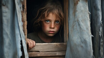 Child Poverty. Young child looking out of derelict house window.