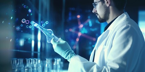 Medicine doctor holding a syringe on electronic medical data network. DNA. Digital healthcare and network connection hologram modern virtual interface, Medical technology