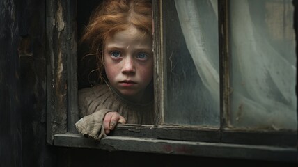 Child Poverty. Young child looking out of derelict house window.