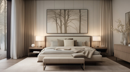 Modern bedroom with a comfortable bed and stylish décor
