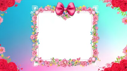 Blank white frame with red, pink flowers on blue background, greeting card layout