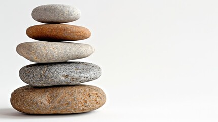 Fototapeta na wymiar Pebbles balancing on white background. Sea pebble. Colorful pebbles. For banner, wallpaper, meditation, yoga, spa, the concept of harmony, balance. Copy space for text