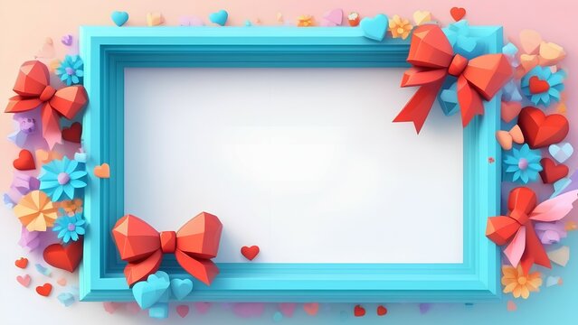 Festive composition, blue frame on pink background with hearts and flowers, happy birthday, valentine's day, space for text in the center