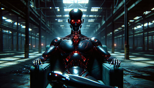 Robot, A neo-noir environmental portrait of the same nightmarish android, seated on a throne-like chair in an abandoned warehouse. Its frame is illuminated, Created by using generative AI tools	
