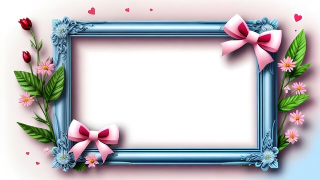 Blank blue frame with flowers and bows on pink background, wedding, Valentine's Day greeting card 