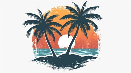 Retro sunset, grainy future retro sci-fi illustration. Vintage logo with palm trees on white background. Ideal for t-shirts, banners and wallpapers.