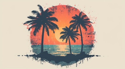 Retro sunset, grainy future retro sci-fi illustration. Vintage logo with palm trees on white background. Ideal for t-shirts, banners and wallpapers.