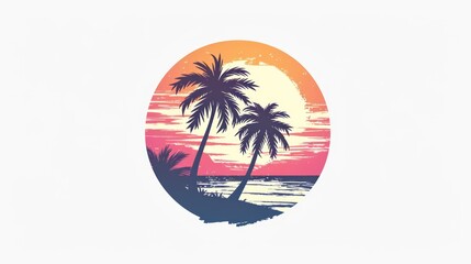 Retro sunset, grainy future retro sci-fi illustration. Vintage logo with palm trees on white background. Ideal for t-shirts, banners and wallpapers.