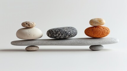 Pebbles balanced on a plank placed on a round stones. Sea pebble. Balancing pebbles. For banner, wallpaper, meditation, yoga, spa, the concept of harmony, balance. Smooth river stones