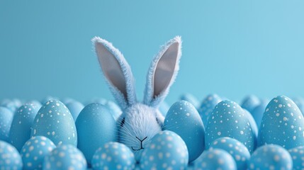 Soft bunny ears peek out amidst a nest of delicate blue speckled Easter eggs on a teal background