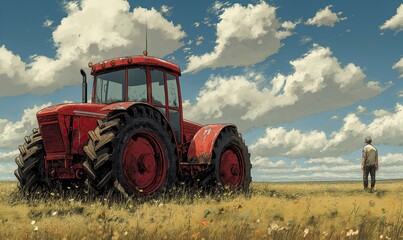 Tractor in a field in comic style.