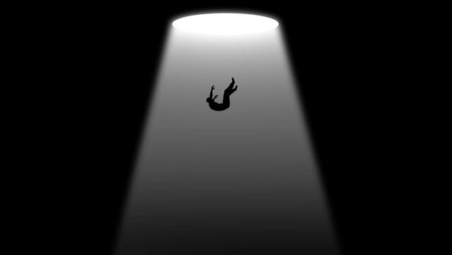 Light Hole with Man Failing Deep Down in The Darkness. Lonely Person Floating in dark Empty Space (Void). Dramatic Scene. Depression and Loneliness. Surrealism and phobia imagination 