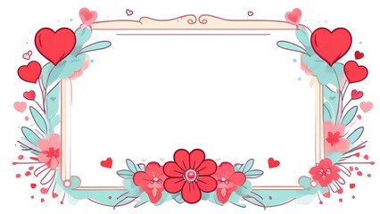 Blank white frame with red flowers and hearts on white background, wedding, valentine's day greeting card mockup