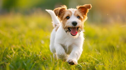 pring summer concept playful happy pet dog puppy running in grass, generative ai
