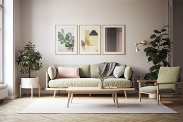 A contemporary living room with a plant and a blank poster image frame on the wall. minimalist design idea
