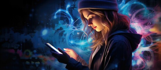 Woman using  mobile smart phone in the night light colorful 