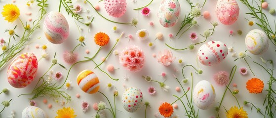 Creative layout composition of flowers and easter eggs on pastel background