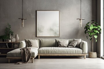 Interior of a living room with a couch, a plant, a mockup frame, and a wall background