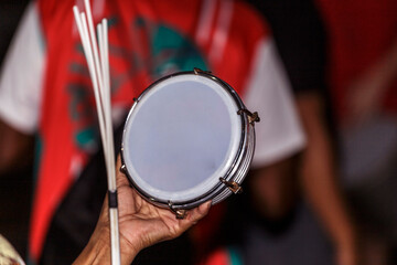 Detail of a tambourine, a percussion instrument, used in samba school parades during Brazil's carnival