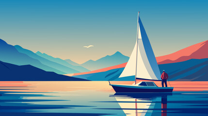 Serene sailing adventure in a picturesque mountain lake scene - obrazy, fototapety, plakaty