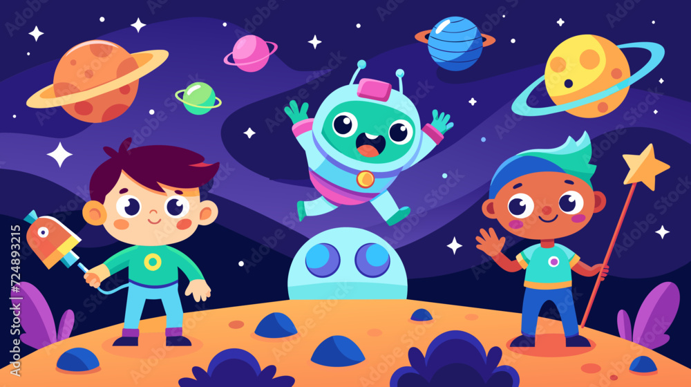 Poster children and robot friend exploring outer space in a colorful vector illustration
