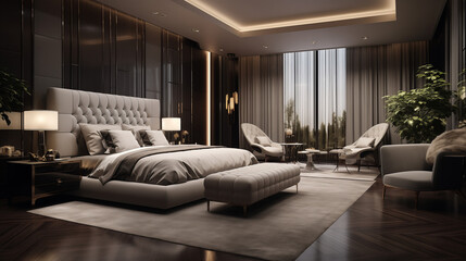 Modern bedroom with a comfortable bed and stylish décor
