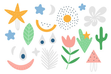 Playful Childish Pattern Featuring Cute And Whimsical Elements Star, Eye, Plant, Flower, Watermelon in Primitive Style