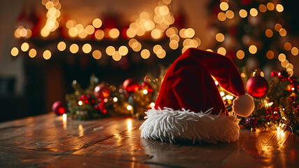Santa Claus hat on a wooden table with Christmas tree and bokeh background