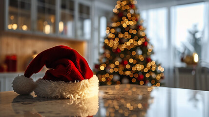 Santa Claus hat on wooden table with bokeh lights background.