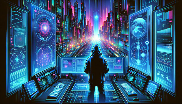 Illustration of a cyberpunk hacker inside a virtual realm, surrounded by 3D holographic interfaces and digital landscapes, resembling a neon, Created by using generative AI tools	
