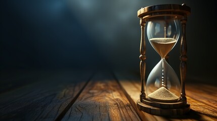 A vintage hourglass with flowing sand sits on a rustic wooden surface, symbolizing the passing of time in a dimly lit ambiance