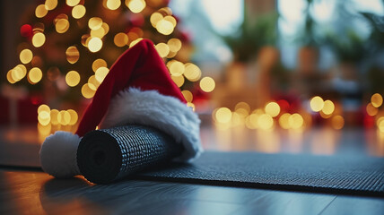 Santa Claus hat on a wooden floor with bokeh background.
