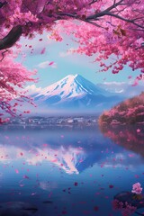 art of fuji mountains in japan, sakura pink leaves in nature generated ai