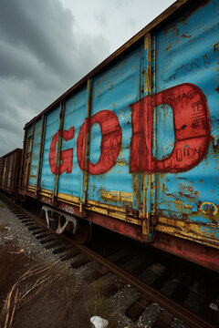 Divine Presence - Atmospheric photo of the word 'GOD' written on a train car Gen AI