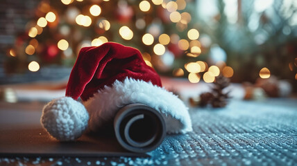 Close-up of yoga mat with santa hat on floor at home