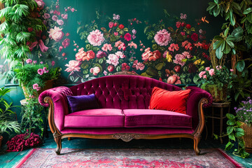 Purple couch with floral patterns on the back and red pillow on it.