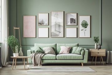 Green living room with sofa and three picture frames. minimalist design idea style in pastel tones