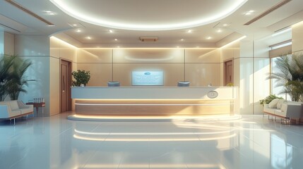 Hospital front lobby registration counter This photo captures the orderly and friendly environment of the hospital entrance. Emphasis is placed on clarity and professionalism in the hospital setting.