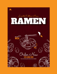 Delicious Ramen japanese food and food menu flyer template with hand drawing