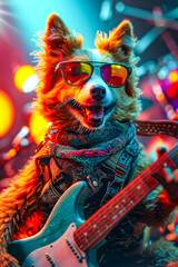 Dog wearing sunglasses and scarf holds guitar like electric guitarist.